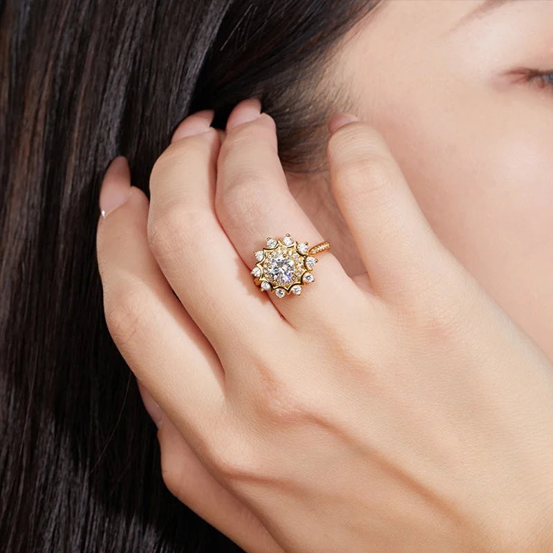 Luxuriöser Moissanit-Sonnenblumenring für Damen