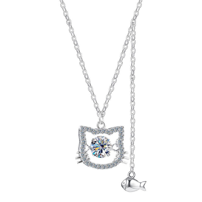 Katzenanhänger-Halskette & Fisch aus 925er Sterlingsilber mit Moissanit