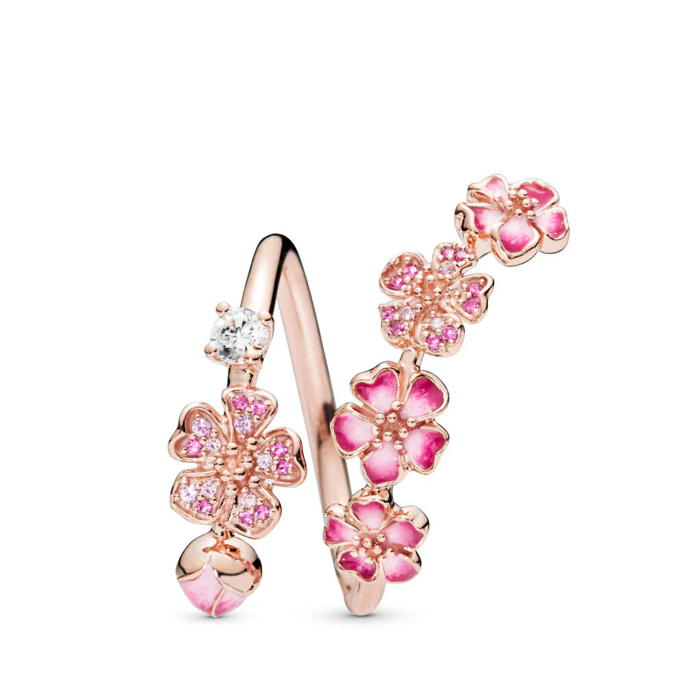 Delicato anello floreale con zirconi rosa e bianchi